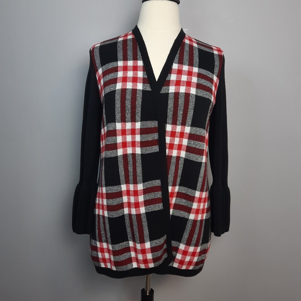 Venus Black and Red Plaid Print Open Front Cardigan Sweater size XL